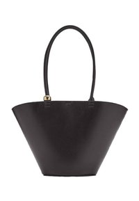 Schwarze Lederhandtasche mit konischer Form, zwei gebogenen Griffen und einer goldfarbenen Akzentuierung. Glatte Textur ohne sichtbare Muster.
