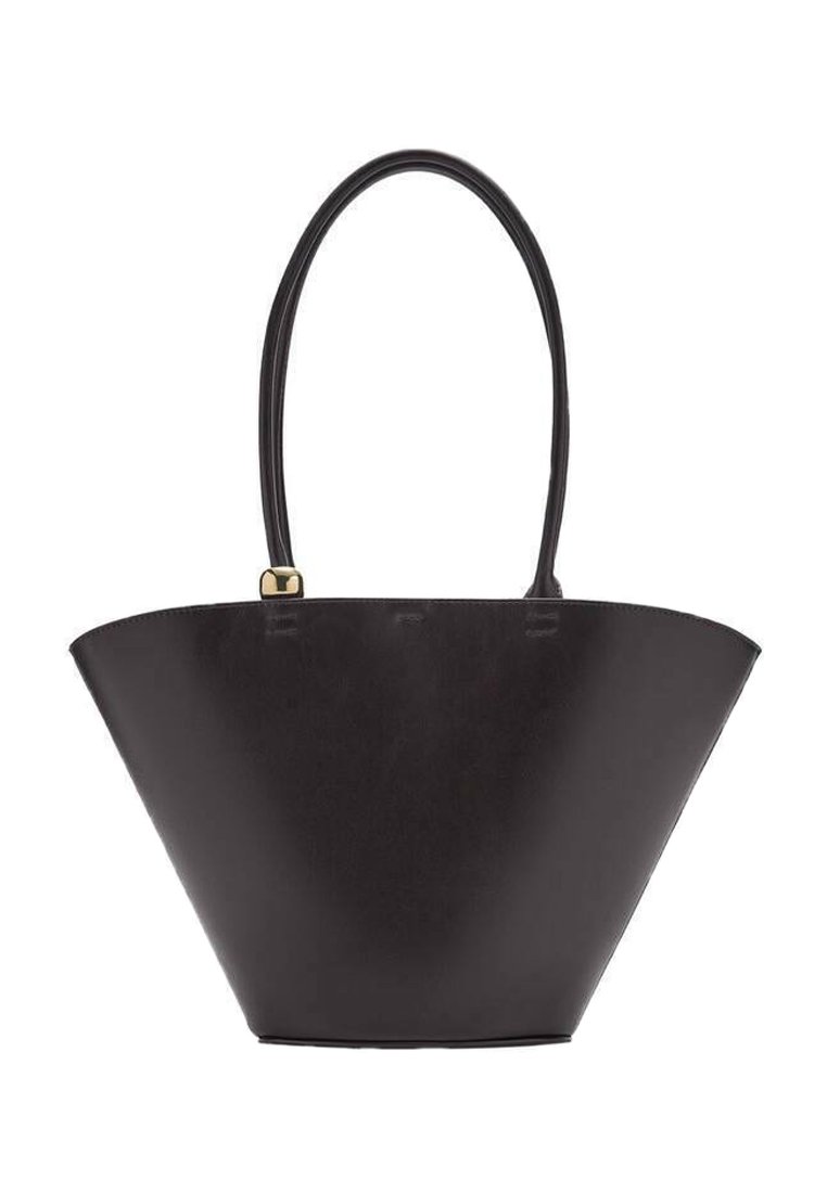 Schwarze Lederhandtasche mit konischer Form, zwei gebogenen Griffen und einer goldfarbenen Akzentuierung. Glatte Textur ohne sichtbare Muster.