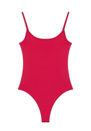 Maillot de bain une pièce rouge sans manches avec fines bretelles et découpe haute sur les jambes.