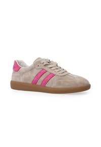 Suede sneakers in beige with pink stripes and a pink heel accent. Features a lace-up design and textured rubber sole.