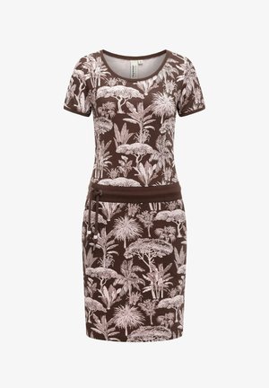 Abito marrone a maniche corte con scollo rotondo e stampa di alberi e piante tropicali color rosa chiaro, con cintura a coulisse in vita.