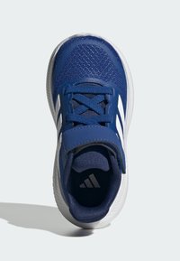 Navy blue athletic shoe with mesh fabric, white accents, and a lace-up design. Features a cushioned interior and textured sole.