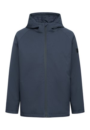 Marineblå hættejakke med frontlynlås og lange ærmer, der har et minimalistisk design uden synlige logoer eller mønstre.