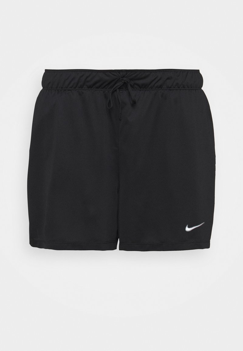 Czarne szorty sportowe z elastyczną talią i sznurkiem, z małym białym logo Nike Swoosh na dolnej lewej nogawce.