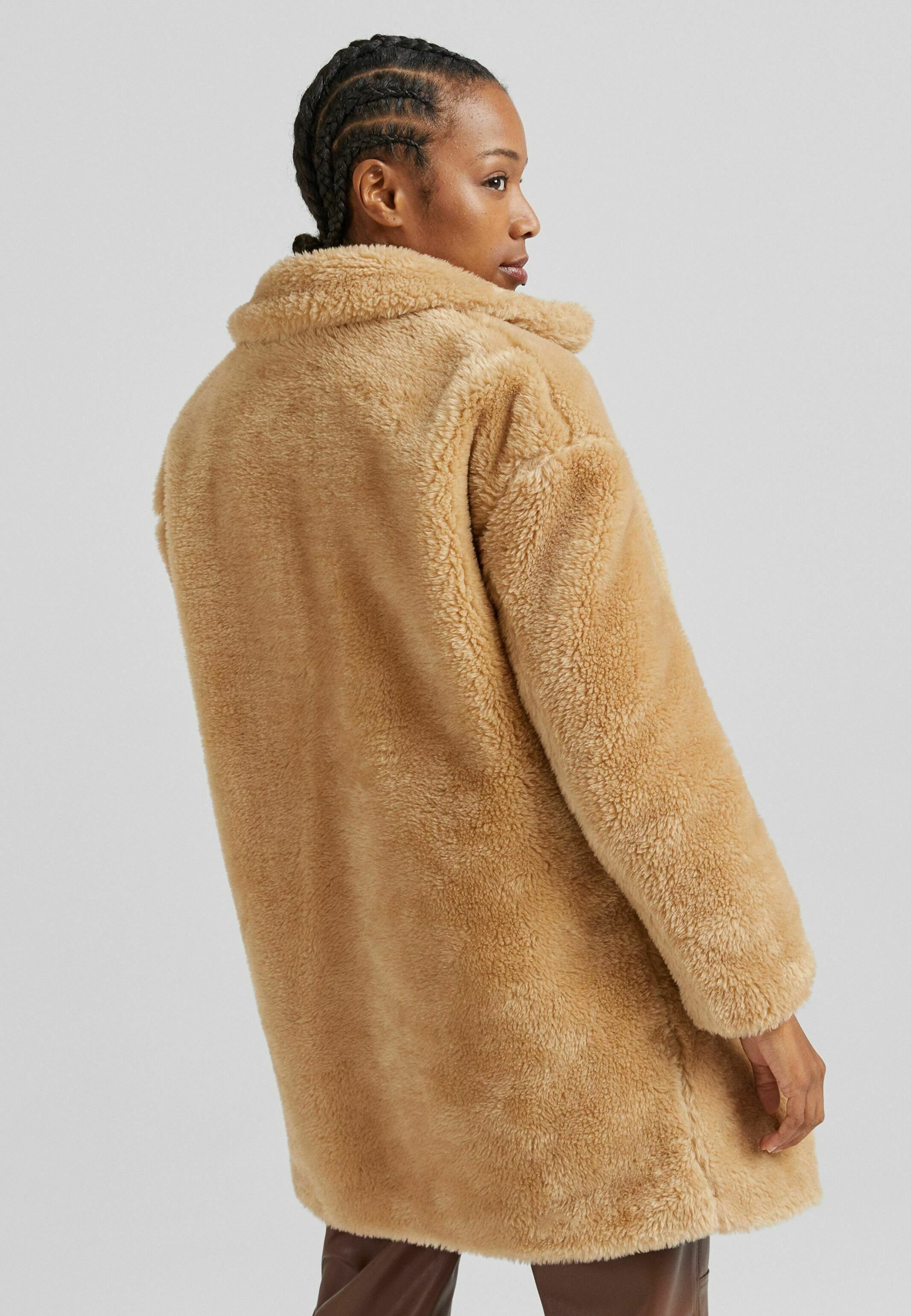 long ochre faux fur coat