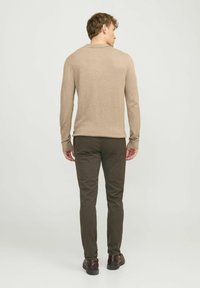 Beige Langarmpullover mit Kragen, kombiniert mit dunkelgr�ünen Hosen und braunen Schuhen, von hinten gegen einen hellen Hintergrund betrachtet.