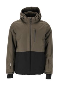 Herren wasserfeste Jacke in Olivgrün und Schwarz, mit einer Reißverschlusstasche auf der Brust, verstellbare Kapuze und strukturiertem Material zur Isolierung.