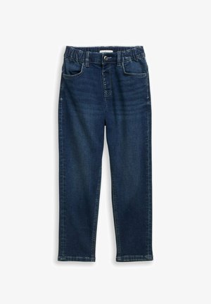 Donkerblauwe spijkerbroek van denim met een elastische tailleband, vijf zakken en een recht model. De stof heeft een gladde, stevige textuur.