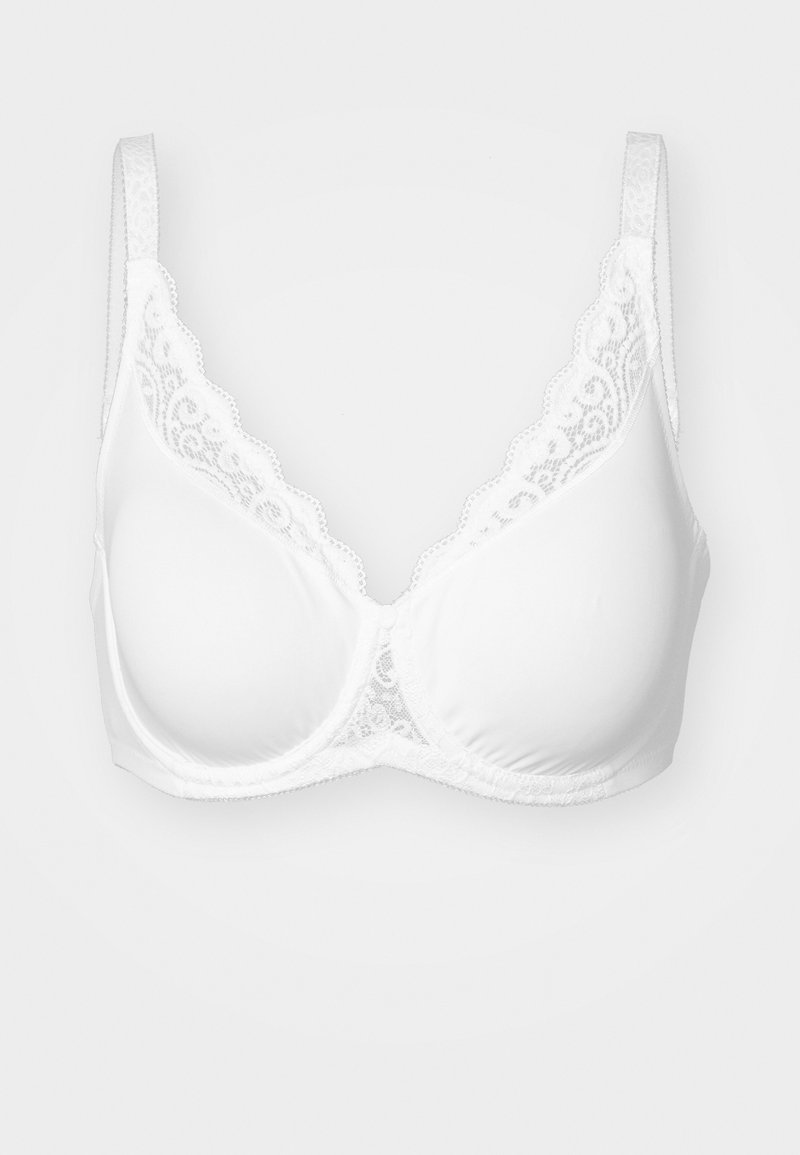 Hvit bh med glatt stoff og blonder langs halslinjen og stroppene, formede kopper, og justerbare stropper for støtte.