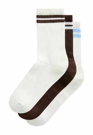Three pairs of crew socks: two in white with brown stripes, one in brown with light blue stripes. Ribbed texture, durable material.