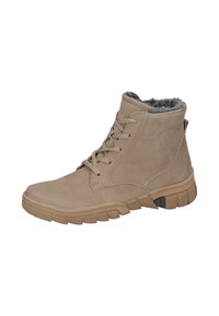 Bottines beige en cuir texturé avec une doublure en fourrure grise douce, dotées d'une semelle en caoutchouc robuste et nervurée, et d'un laçage à l'avant.