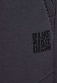Sivý materiál mikiny s textúrovaným embosovaným čiernym logom "BLUE RIDGE DENIM" na prednej strane. Obsahuje dizajn klokanke.