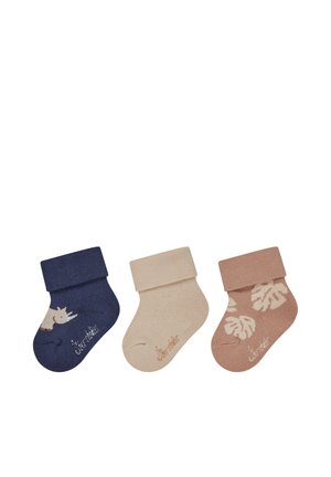 Drei gefaltete Babysocken in Marineblau mit einem Nashorn, Beige uni und Braun mit Blattmuster, nebeneinander auf weißem Hintergrund angeordnet.