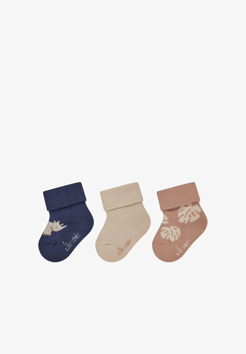 Three folded baby socks in navy with a rhinoceros, beige plain, and brown with leaf patterns, arranged in a row on white background.