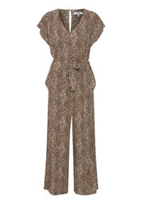 Tuta con stampa leopardata caratterizzata da maniche a farfalla corte, scollatura a V, una cintura da annodare in vita e pantaloni a gamba larga. Colori marrone e beige.