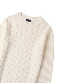 Cremfarbener gestrickter Pullover mit einem Zopfmuster und gerippten Details an den Bündchen und dem Saum. Rundhalsausschnitt, ohne Knöpfe.