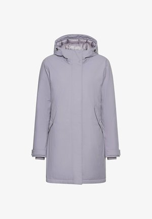 Lys lilla isoleret jakke med hætte, der har sidelommer, trykknaplukninger og en glat, vandtæt overflade.