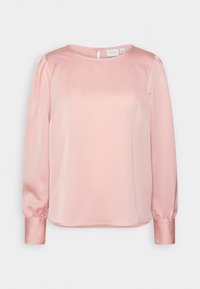 Blush pink satin long-sleeve blouse with a round neckline, gathered shoulder seams, and button closure at the back. Smooth texture, soft sheen.