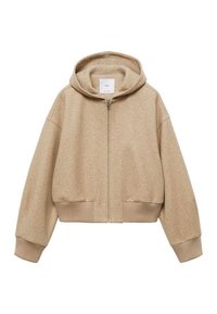 Beige zkrácená mikina vyrobená z měkké látky, s vícestupňovým zipem, klokankovými kapsami a žebrovanými rukávy s uvolněným střihem.