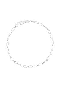 Zilveren ketting met een ontwerp van verlengde ovale schakels, een gepolijste afwerking en een verstelbare sluiting met extra ketting voor lengteaanpassing.