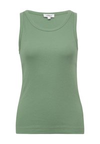 Groene geribbelde tanktop met een ronde halslijn, mouwloos ontwerp en een aangesloten silhoutte. Gemaakt van een zachte, rekbare stof.