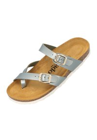 Sandal in pelle grigia con due cinghie regolabili, dotato di fibbie argentate. Sottopiede in sughero naturale e suola esterna in gomma bianca testurizzata.