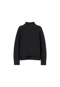 Maglione nero lavorato a maglia con colletto alto, orlo a coste e due tasche frontali. Presenta un motivo testurizzato e un design morbido.