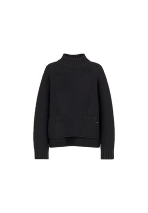 Maglione nero lavorato a maglia con colletto alto, orlo a coste e due tasche frontali. Presenta un motivo testurizzato e un design morbido.