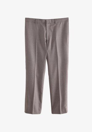 Grå skræddersyede bukser lavet af tekstureret stof. Har lige ben, bæltestropper og en flad frontdesign. Ingen synlige lommer.