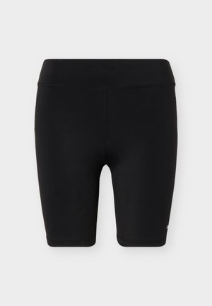 Μαύρα αθλητικά κολάν μήκους μέχρι τη μέση του μηρού με ψηλό κορδόνι μέσης και διακριτικό λογότυπο κοντά στην άκρη σε απλό φωτεινό φόντο.