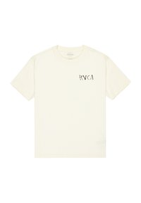 Camiseta de manga corta color crema con un logo negro "RYCA" en el lado izquierdo del pecho. Está hecha de algodón con una textura suave. Corte simple y relajado.