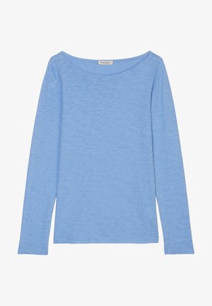 Lyseblå langærmet skjorte i blødt, tekstureret stof. Har en bred, rund halsudskæring og lige pasform. Ren kant og minimal detaljer.