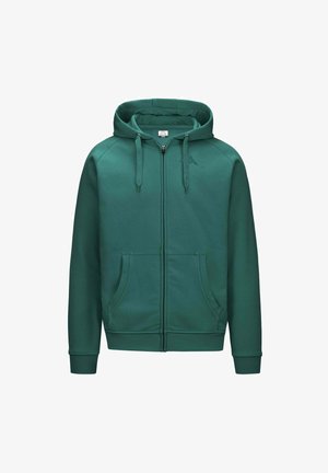 Felpa con cappuccio verde con zip frontale, tasche frontali, coulisse sul cappuccio e logo discreto sul lato sinistro del petto, mostrata su sfondo bianco.