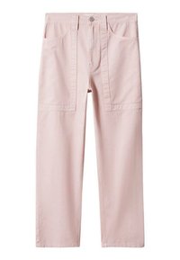 Pantalones de algodón rosa claro con diseño de pierna recta, que cuentan con dos bolsillos frontales y un cierre de botón único en la cintura.