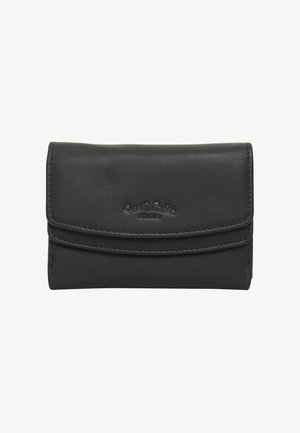 Portafoglio in pelle nera con una superficie liscia, chiusura a patta e logo impresso. Forma rettangolare compatta con bordi cuciti.