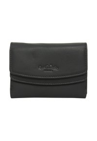 Black leather wallet with a smooth texture, flap closure, and embossed logo. Compact rectangular shape with stitched edges.
