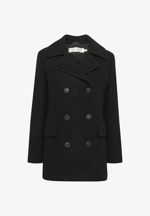 Black wool coat featuring a double-breasted design, large lapels, four buttons, and two front pockets. Smooth texture with a tailored fit.