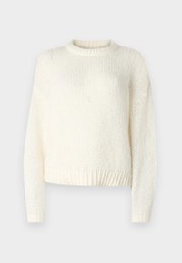 Lightweight, knitted cream sweater with long sleeves, a round neckline, and ribbed hem. Textured fabric with a loose, relaxed fit.