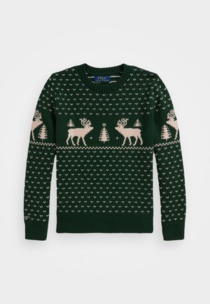 Temnozeleni pleteni pulover z bež vzorci jelenov in borovcev, rebrast ovratnik, manšete in spodnji rob, oznaka Polo Ralph Lauren znotraj ovratnika.