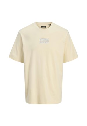 Short-sleeve, crew-neck t-shirt in pale yellow cotton, featuring blue embroidery of "MYKONOS" and "Paradise Found" on the front.