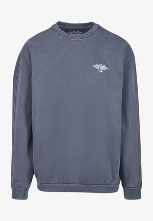 Grauer Sweatshirt aus weichem Material, mit Rundhalsausschnitt, langen Ärmeln und einem kleinen weißen Logo auf der Brust. Glatte Textur.