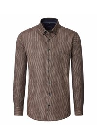 Heren overhemd met lange mouwen en knoopsluiting, voorzien van een klein geometrisch patroon in bruin, beige en oranje. Het shirt heeft een button-down kraag en een enkele borstzak.