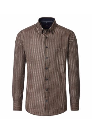Herren Langarm-Hemd mit kleinem geometrischen Muster in Braun, Beige und Orange, ausgestattet mit einem Button-Down-Kragen und einer Brusttasche.