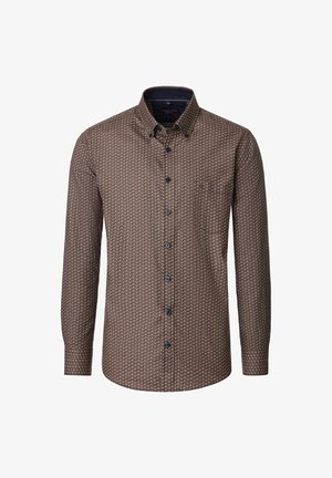 Herren Langarm-Hemd mit kleinem geometrischen Muster in Braun, Beige und Orange, ausgestattet mit einem Button-Down-Kragen und einer Brusttasche.