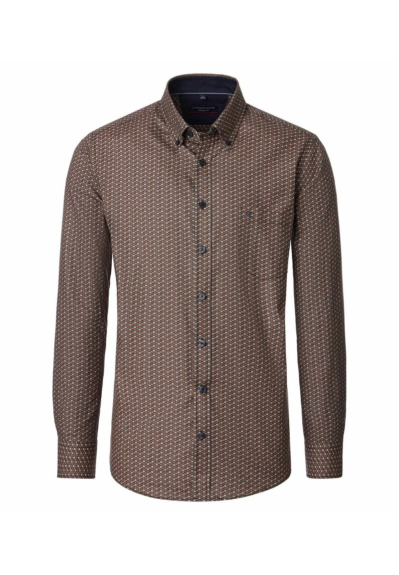 Heren overhemd met lange mouwen en knoopsluiting, voorzien van een klein geometrisch patroon in bruin, beige en oranje. Het shirt heeft een button-down kraag en een enkele borstzak.