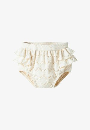 Pannolino copri pannolino di colore crema con volant, caratterizzato da un motivo a foglia testurizzato e una vita elastica, con volant laterali a strati per un tocco in più.