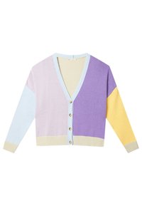 Sweter w blokach kolorystycznych w odcieniach lawendy, jasnoniebieskim, jasnooliwkowym i kremowym, z dekoltem w serek, zapięciem na guziki z przodu i prążkowanymi mankietami.