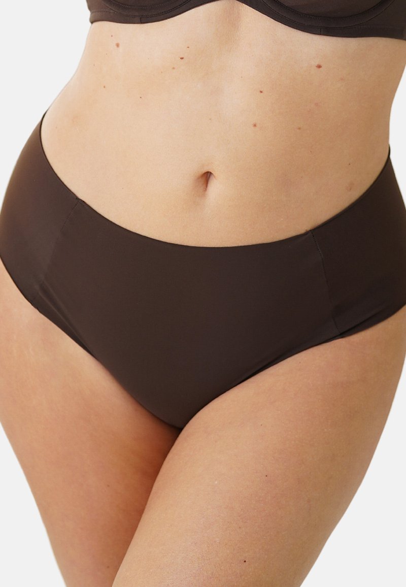 High-waisted bikini bottoms in dark brown. Made from smooth, stretchy material with a seamless design for a sleek fit.