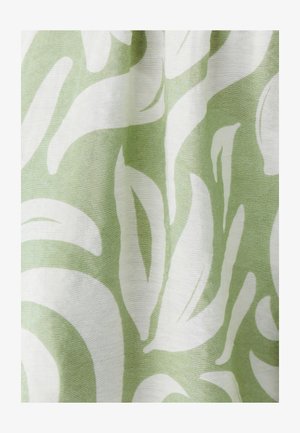 Roheline ja valge kangas, millel on abstraktsed lehemustrid. Materjal tundub kerge ja veidi tekstureeritud pinnaga.