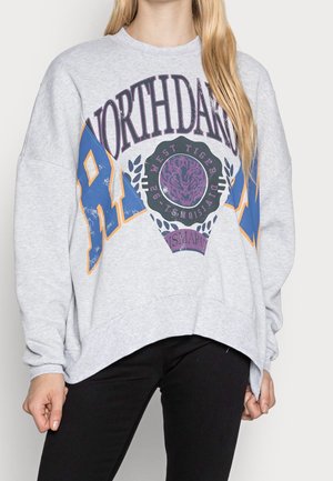 Szara, oversize bluza wykonana z bawełny, z wyraźnymi, wielokolorowymi grafikami: "NORTH DAK" oraz okrągłym wzorem z motywem tygrysa.